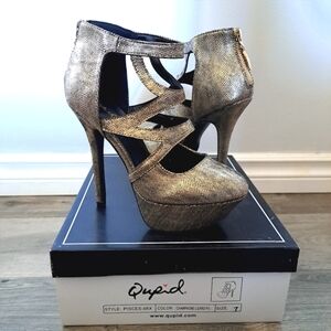 Qupid | Champagne lizard pu ~ gold , silver ,black strapy platform high Heel